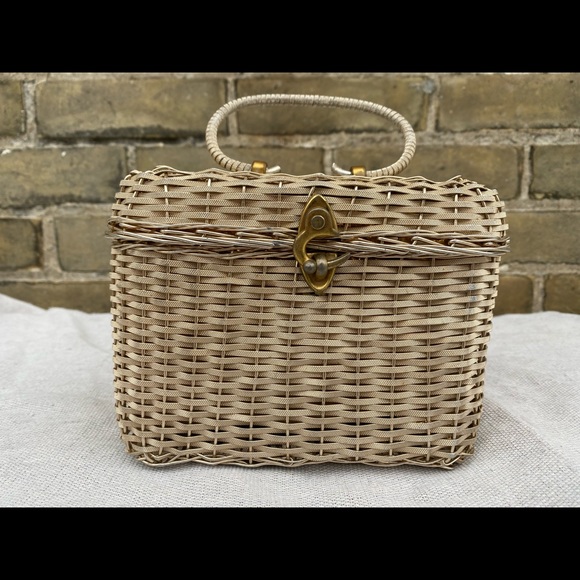 Vintage Champagne Metal Basket Woven Box Purse with Top Handle // 1950s - Picture 2 of 8